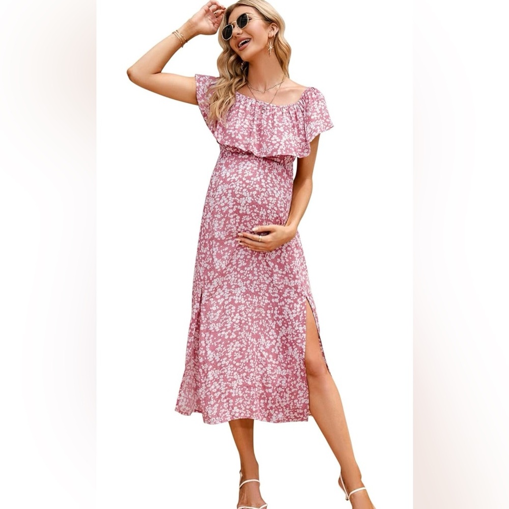 Pink off shoulder maternity dress. Pink and white florals.